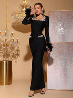 Newest Fashion 2025 Party Vestido Women's Diamonds Feather Tight Long Maxi Dress Long sleeves Elegant Evening Banquet Gowns