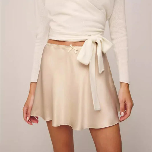 Solid Color Casual Short Skirt For Women 2024 Summer Vintage Women's High Waist Elastic Mini Skirt Fashion Female Satin Dress