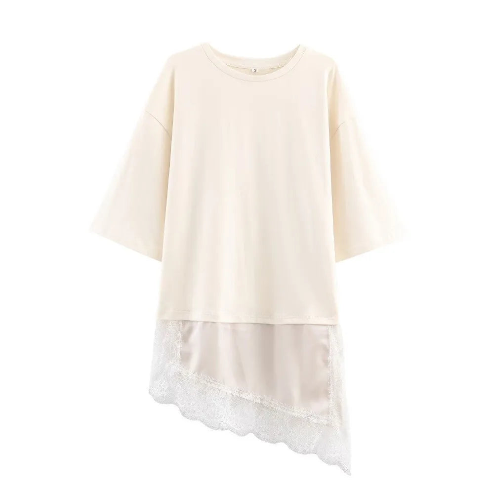 Fashion Elegant Lace Patchwork T-shirt Short Sleeve Solid Color Loose Tops Casual O-Neck Female Top Summer Beige