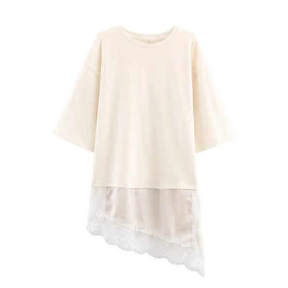 Fashion Elegant Lace Patchwork T-shirt Short Sleeve Solid Color Loose Tops Casual O-Neck Female Top Summer Beige