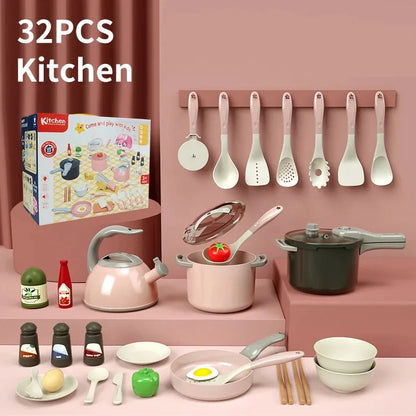Kids Play Kitchen Set Pretend Play Cooking Toys Set Kitchen Toy Playset For Toddlers Pots And Pans Role Playing Toys Gift Pink