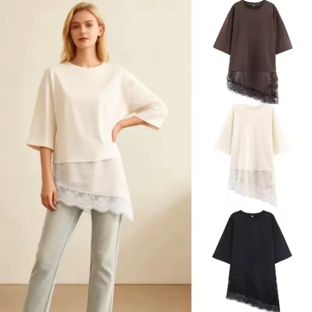 Fashion Elegant Lace Patchwork T-shirt Short Sleeve Solid Color Loose Tops Casual O-Neck Female Top Summer