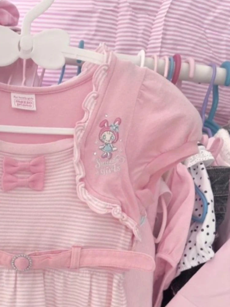 Japanese Sweet Summer Stripe Dress Cute Girl Style Bow Embroidery Sleeveless Strap Dress Soft Kawaii Y2K Aesthetic Fairy Outfit