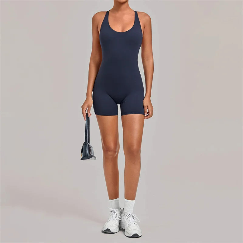 SVEIC Gym Sports Jumpsuits Short Cross Backless Hollow Fitness Workout Sportswear One Piece Bodysuit Running Tight Yoga Clothing