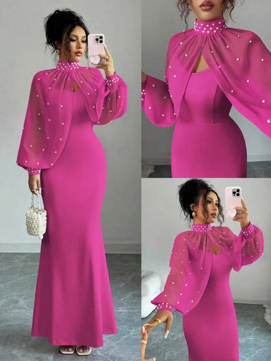 Elegant Pink Mermaid Gown with Beaded Sheer Capelet, Bodycon Slip Dress Set