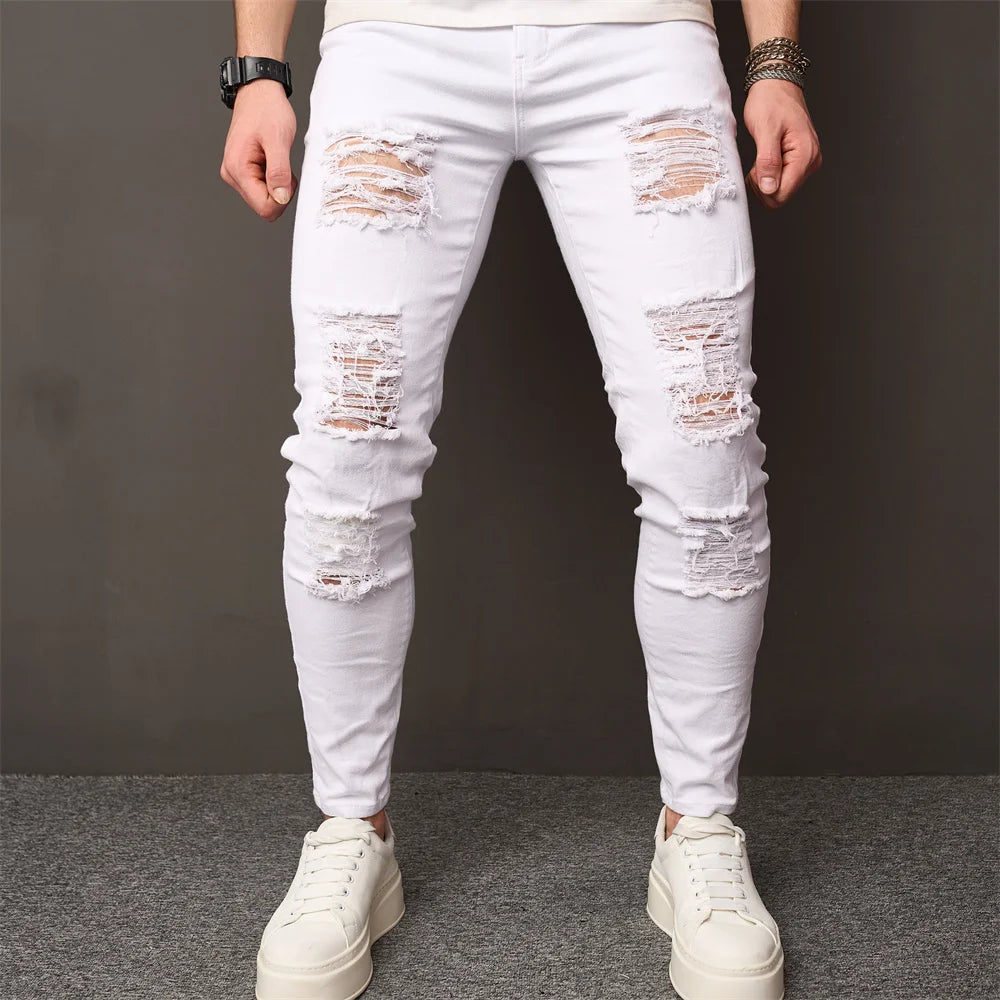 Men Street style Holes Skinny Beggar Jeans Good Quality Distressed Men's Slim Pencil Denim Pants Male Clothing 1112