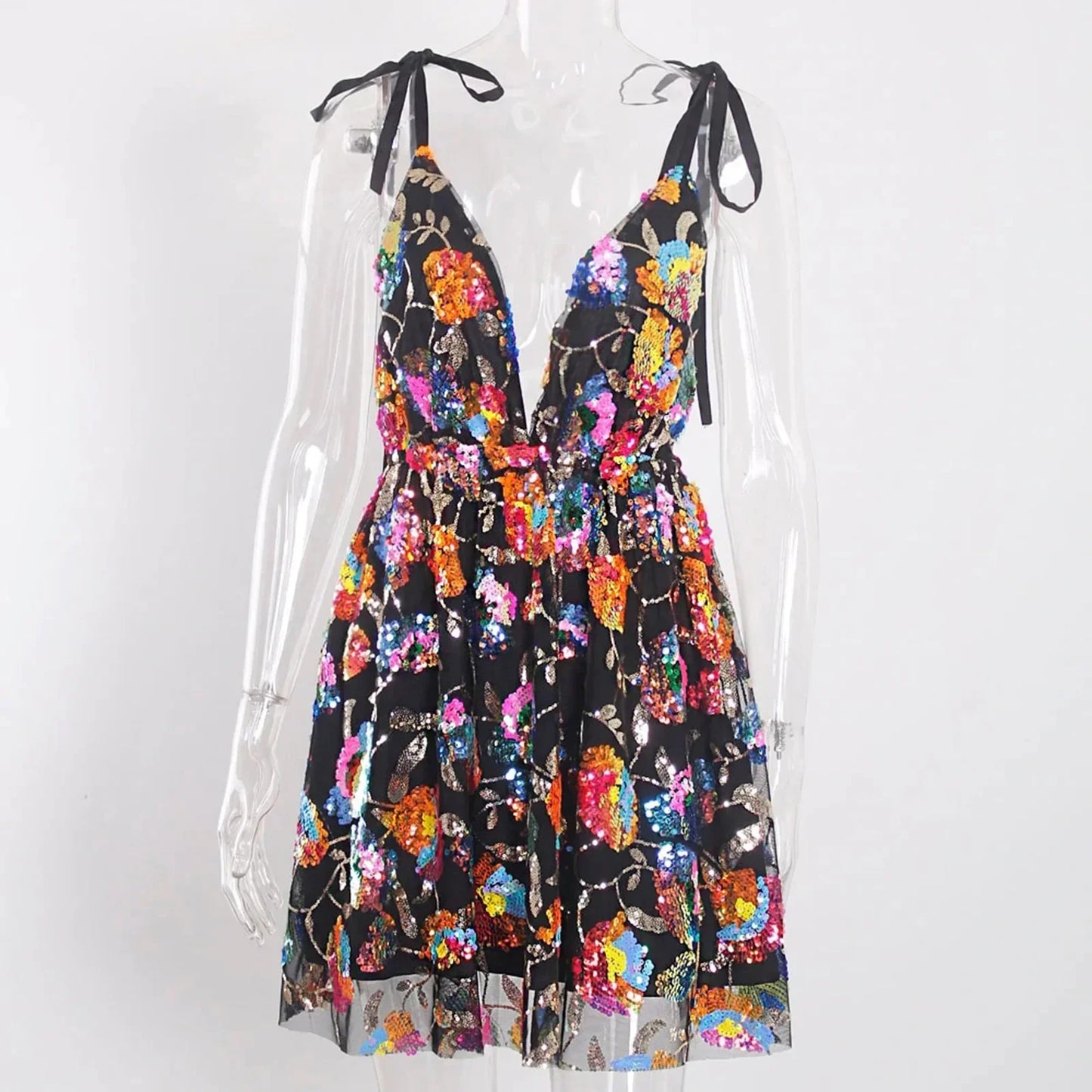Sexy Deep V Backless Sequin Floral Tie Women Short Dress Sexy Sequin Floral Suspender Nightclub Dresses Beach Vaction Clothes black