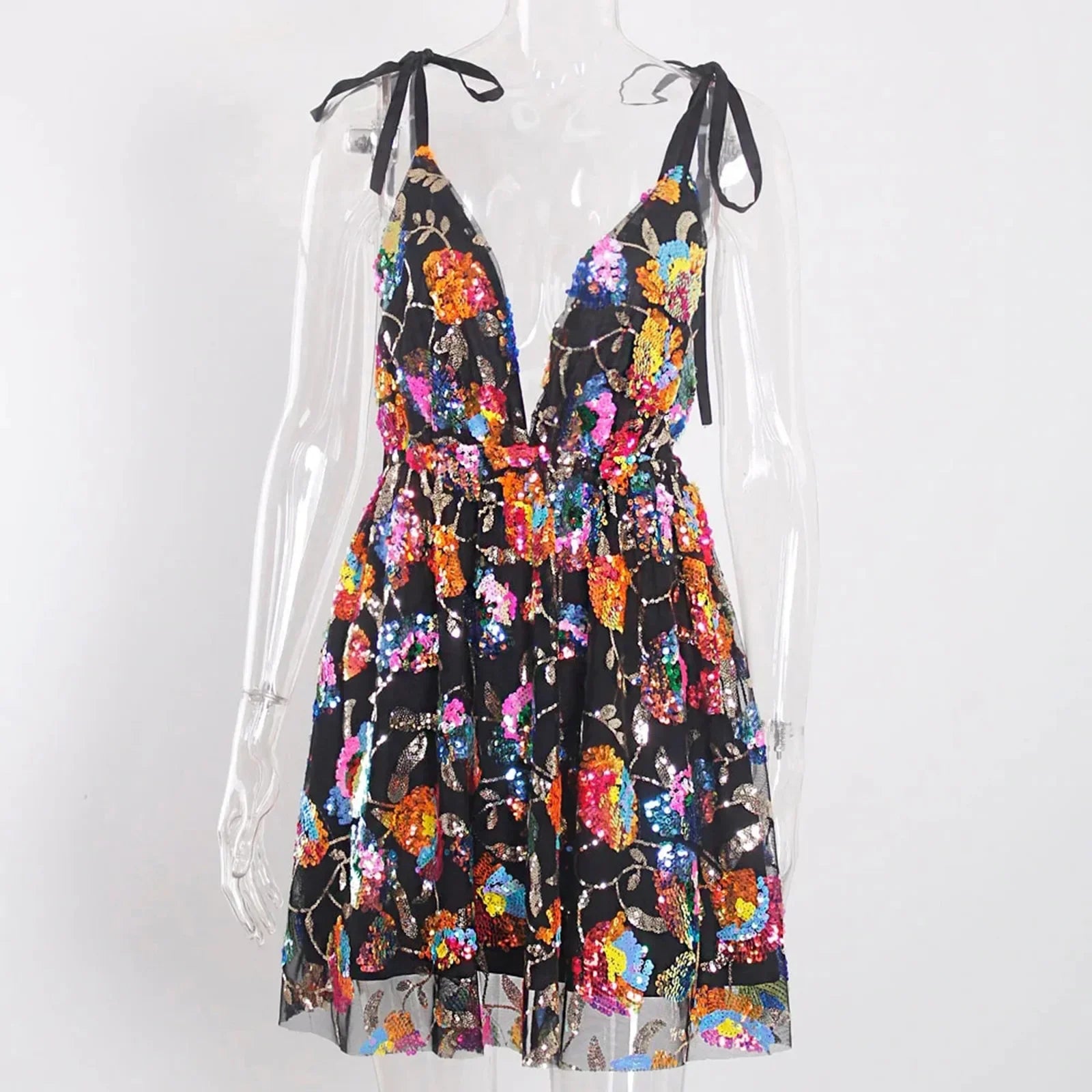 Sexy Deep V Backless Sequin Floral Tie Women Short Dress Sexy Sequin Floral Suspender Nightclub Dresses Beach Vaction Clothes black