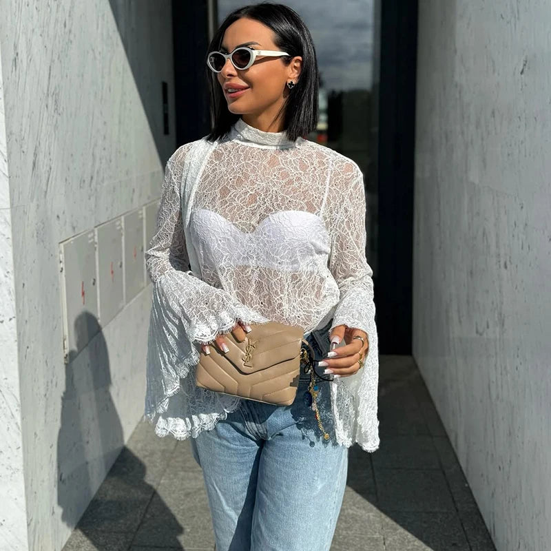 Tornova Sexy Lace Women's T shirt Ruffled Sleeve Ribbon Blouse Fashion Pullover Top 2025 Fall Winter Casual Office Lady T shirt