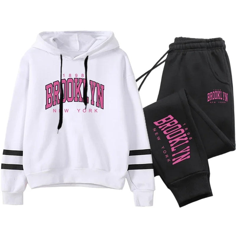 Quality Daily Women Tracksuit Hoodies Casual Single Piece Stripe Sweatshirt and Sweatpants Comfort Outdoor Jogging Autumn Winter White