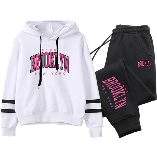 Quality Daily Women Tracksuit Hoodies Casual Single Piece Stripe Sweatshirt and Sweatpants Comfort Outdoor Jogging Autumn Winter White