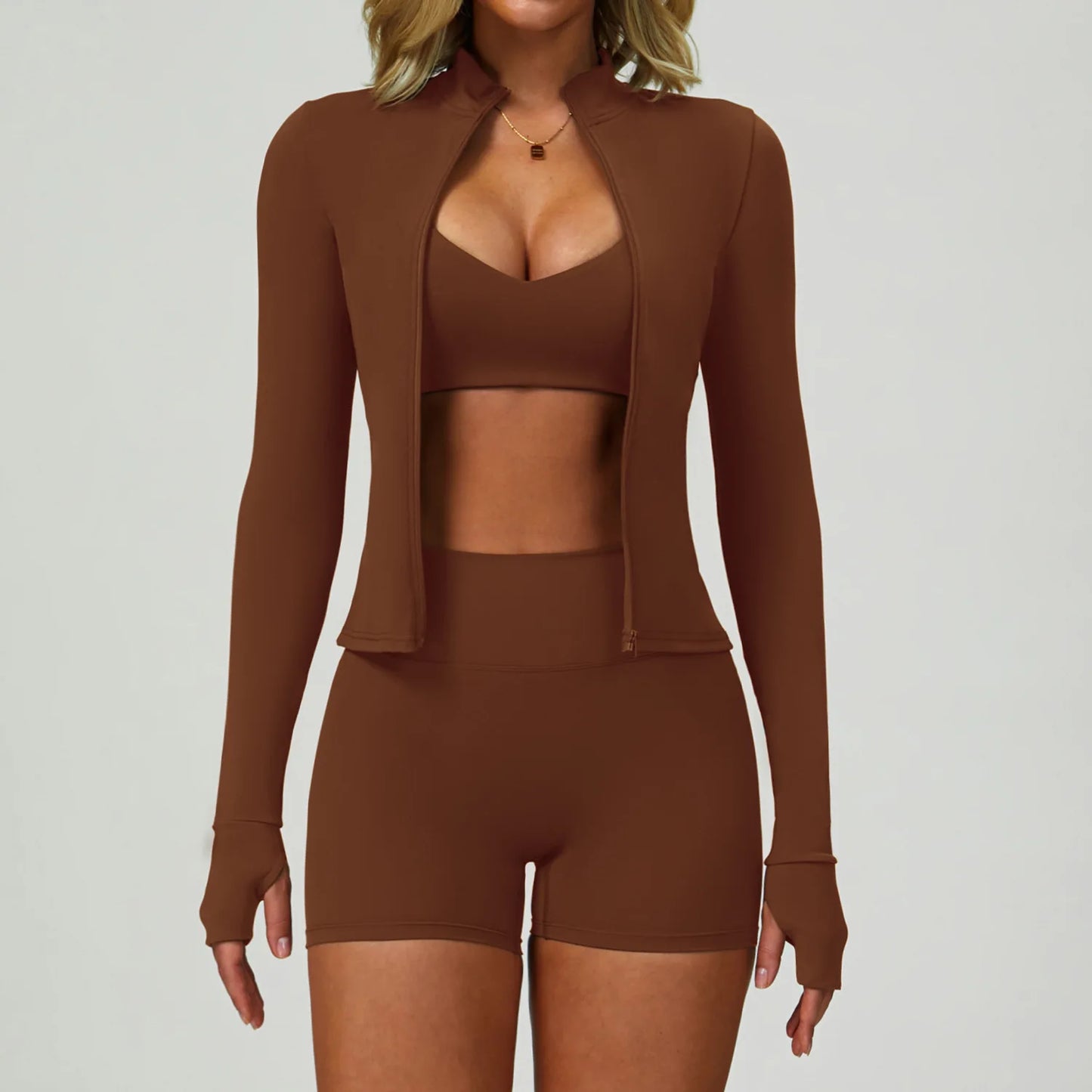 2-3PCS Yoga Suit Women Tracksuit Sports Bra High Waist Leggings Shorts Outfit Gym Set Fitness Push Up Workout Clothes Sportswear Sand brown Set 3 China Mainland