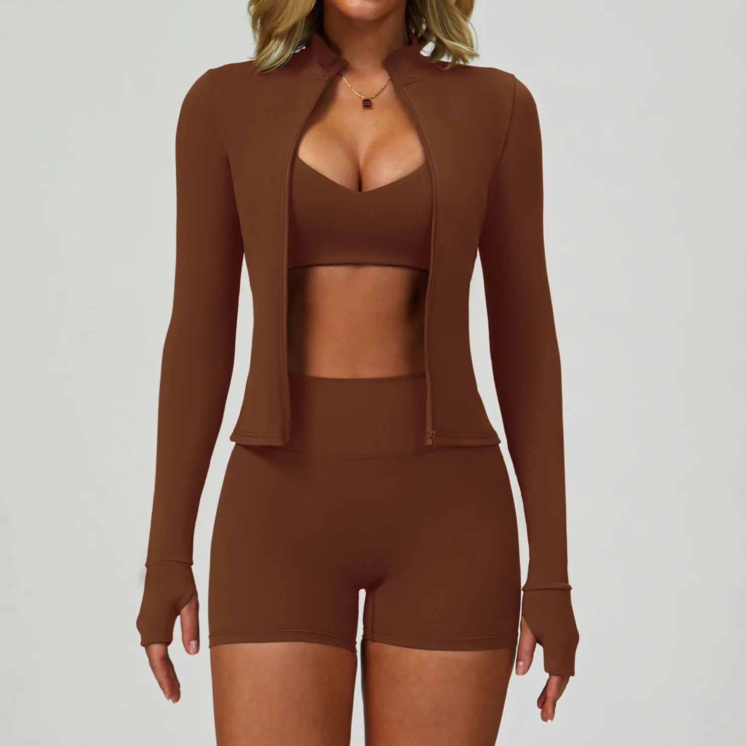 2-3PCS Yoga Suit Women Tracksuit Sports Bra High Waist Leggings Shorts Outfit Gym Set Fitness Push Up Workout Clothes Sportswear Sand brown Set 3 China Mainland
