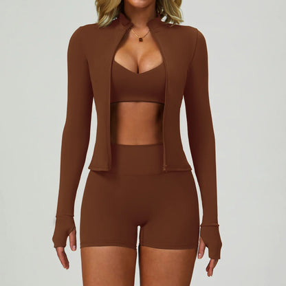 2-3PCS Yoga Suit Women Tracksuit Sports Bra High Waist Leggings Shorts Outfit Gym Set Fitness Push Up Workout Clothes Sportswear Sand brown Set 3 China Mainland