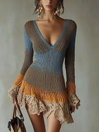 Sweater Knitted Dress for Women's Flare Sleeve Lace Trim Hollow Out Sexy V-Neck Winter Fall Chic Retro Casual Mini Dress Blue