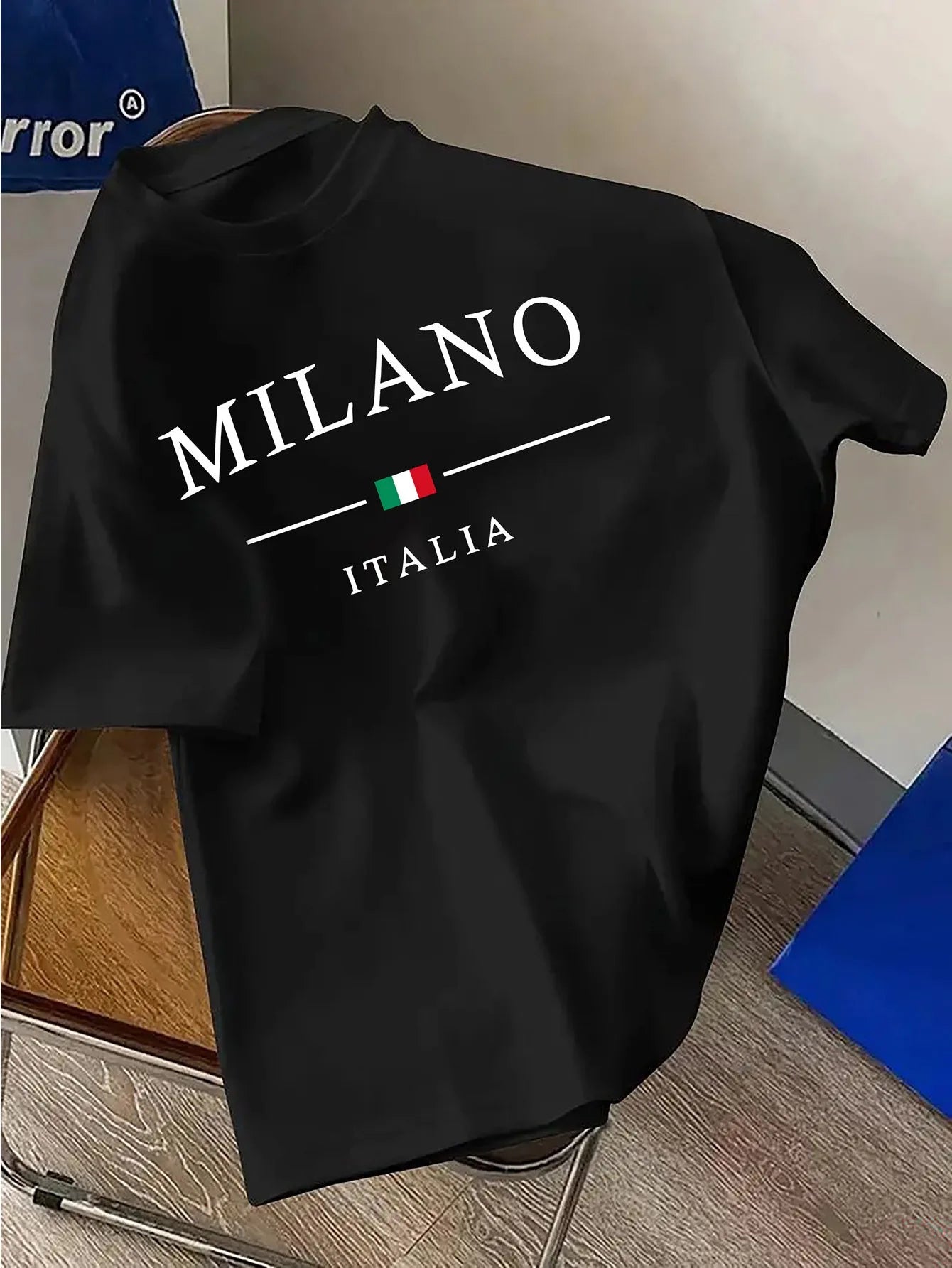 Men's 100% pure cotton fashionable casual loose Italian style Milan letter printed round neck short sleeved T-shirt top