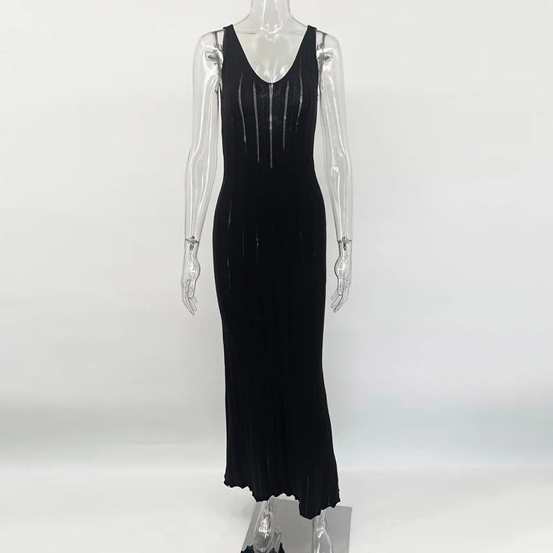 Sexy Backless Beach Dress Women 2026 Summer Sleeveless Knitted Long Dress Elegant Cocktail Party Maxi Bodycon Dress Vestidos black