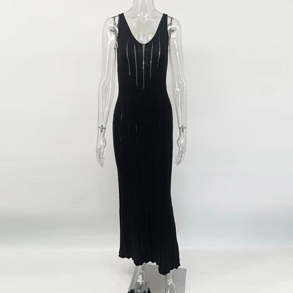 Sexy Backless Beach Dress Women 2026 Summer Sleeveless Knitted Long Dress Elegant Cocktail Party Maxi Bodycon Dress Vestidos black