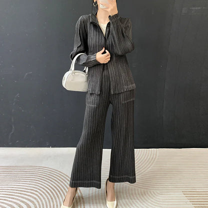 Hooded Jacket & Wide Leg Pants Set Black One Size