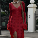Women Knit Dress Long Sleeve Button Closure Cardigan Hollow Out Long Dress Top for Daily Street Summer Fall Red
