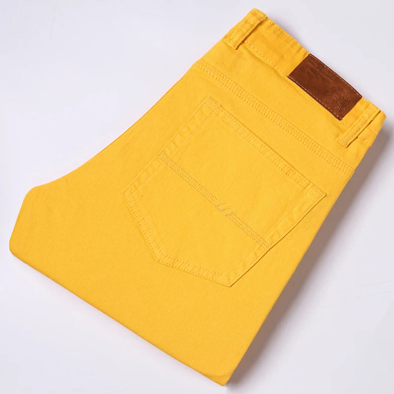 White Jeans Men's Fashion Straight Elastic Cotton Denim Pants Spring Autumn All-match Business Casual Trousers Male Clothes Yellow