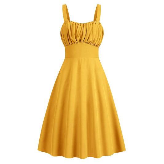 Women Solid Color Vintage 1950s Dress For Vacation Club Party Sleeveless Backless High Waist Cocktail Swing Dress Midi Length Yellow