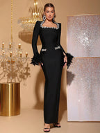Newest Fashion 2025 Party Vestido Women's Diamonds Feather Tight Long Maxi Dress Long sleeves Elegant Evening Banquet Gowns