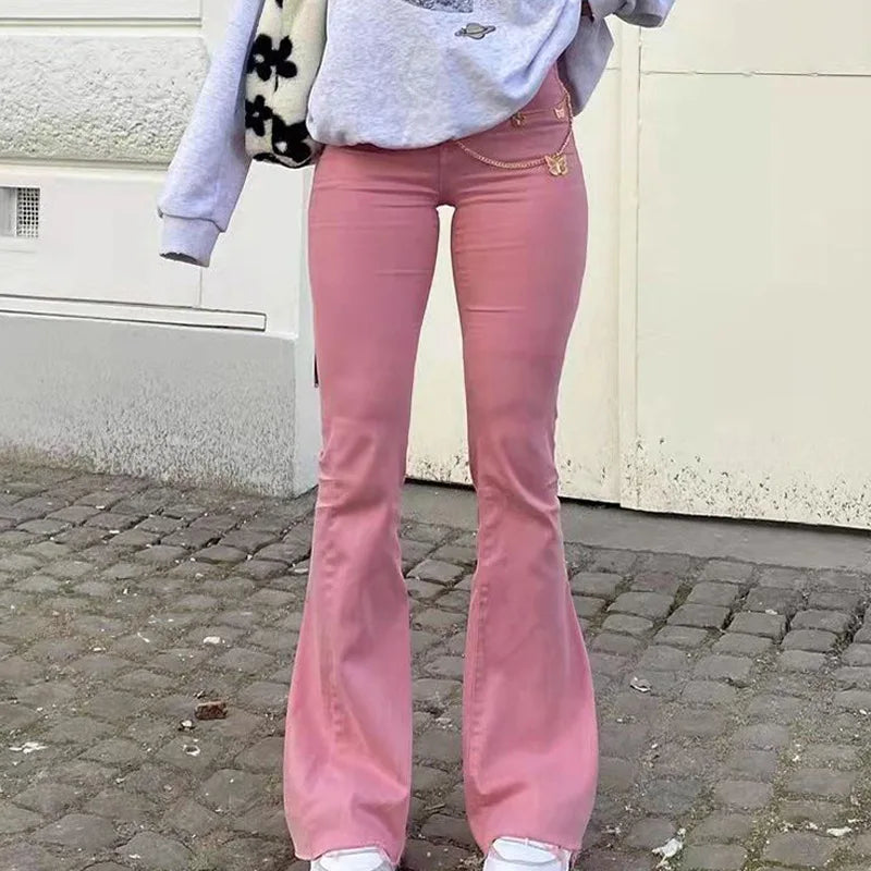 High Waist Slim Fit Street Style Pink Butt Lifting Flared Casual Denim Jeans Women's New Fashion Hot Sale Of The Season Cotto...