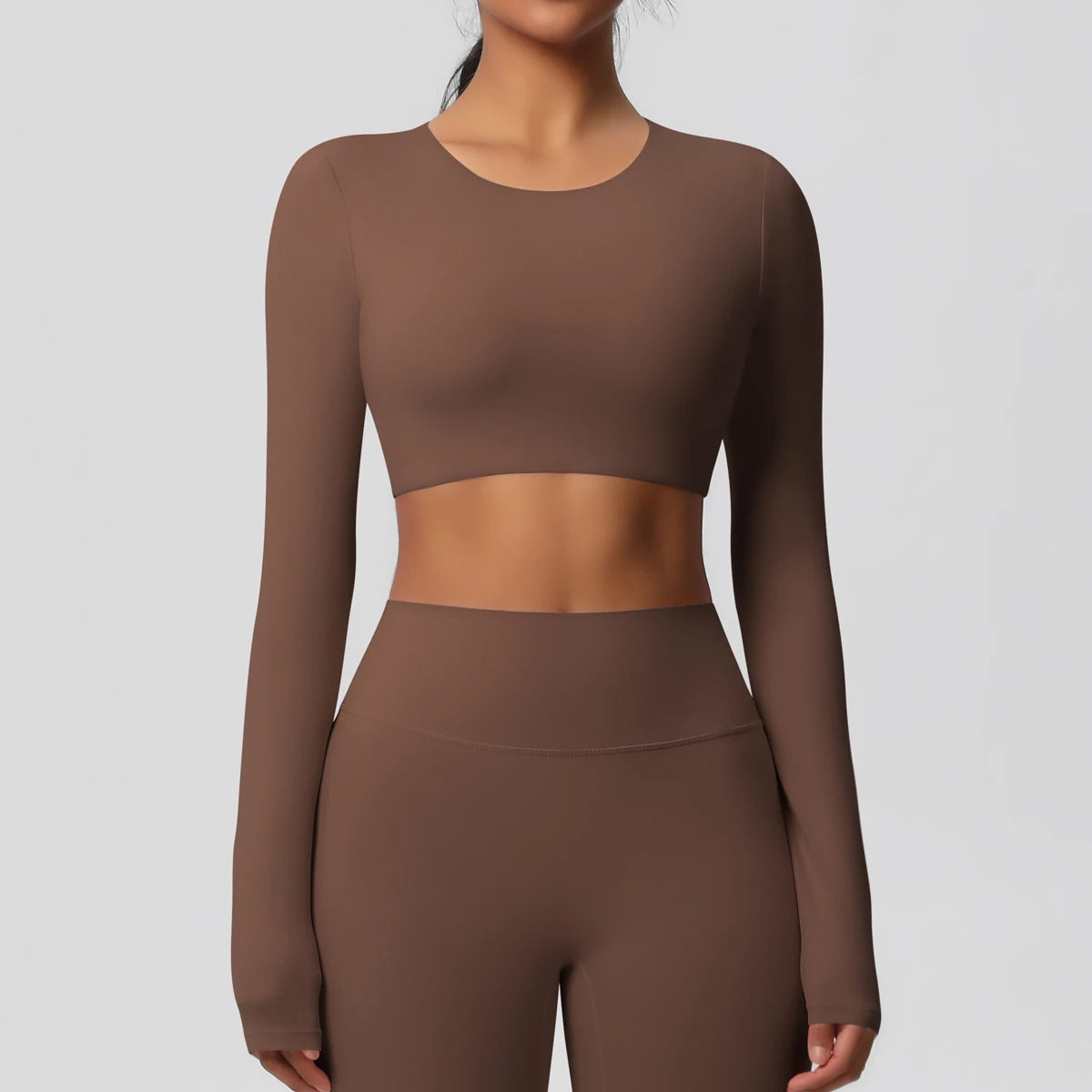 Yoga Shirts For Women Long Sleeve With Padded Fitness Running Gym Clothes Workout Dry Fit Breathable High Elastic Sports Top Brown
