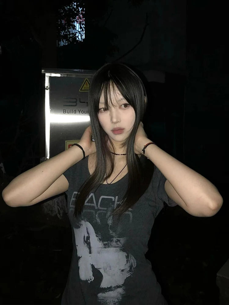 Seeslim Hotsweet Print Letter Graphic T Shirts Woman Clothes Short Sleeve Summer Tops 2000s Clothes Y2k Goth Tees Female Chic