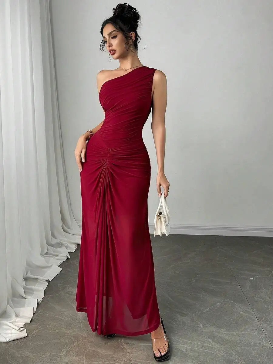 Women's One-Shoulder Ruched Burgundy Maxi Dress for Evening Party
