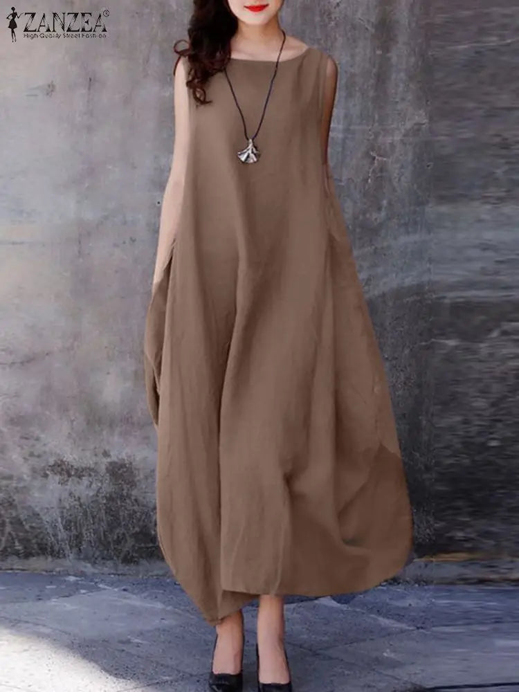 ZANZEA 2024 Fashion Summer Dress Women Holiday Oversized Maxi Dresses Casual Loose Solid Cotton Vestidos Sleeveless O Neck Robe Coffee