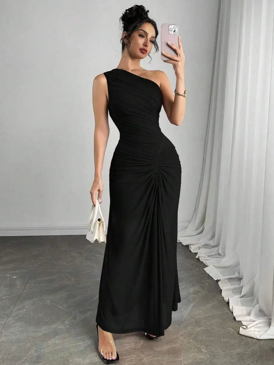 Women's One-Shoulder Ruched Burgundy Maxi Dress for Evening Party Black United States