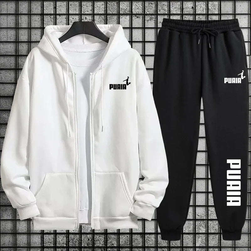 New in Women Tracksuit Trend Printing Hooded Sweatshirts Pants 2Pcs Set Casual Zipper Overcoat Suit Daily Clothing Autumn Winter White