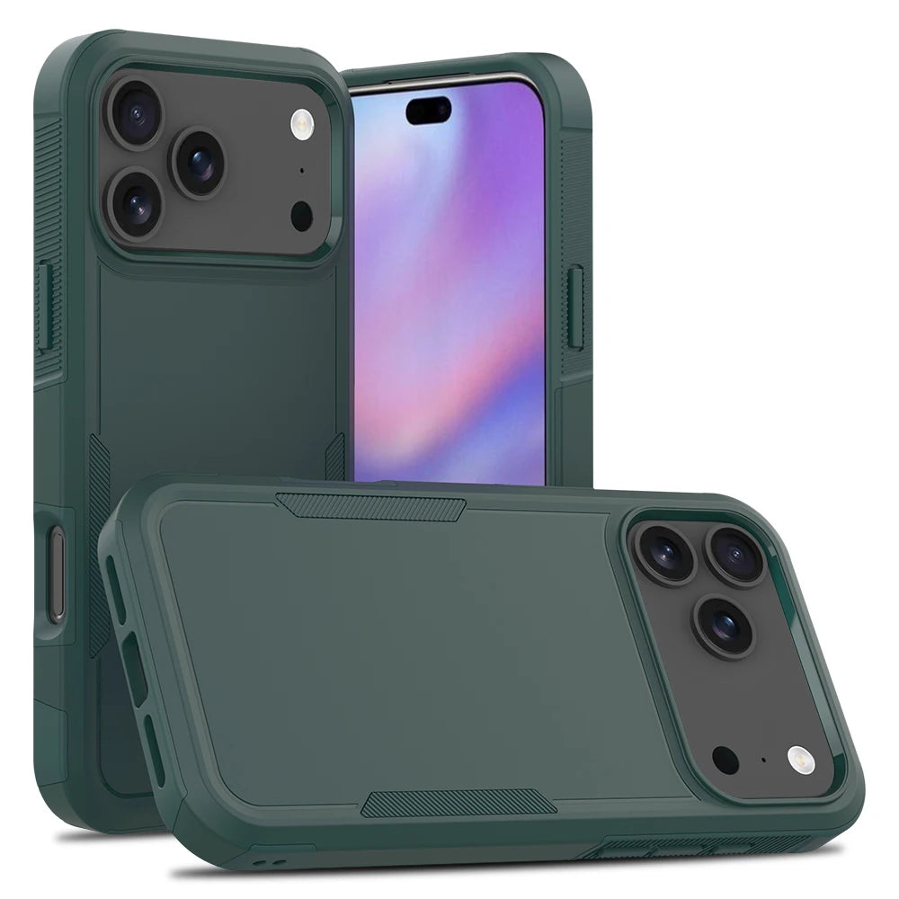 Heavy Duty Armor Shockproof Case For iPhone 17 Pro Max 17Air 16e 16 Plus TPU Frame Hard Plastic Phone Protective Cover Fundas Dark Green