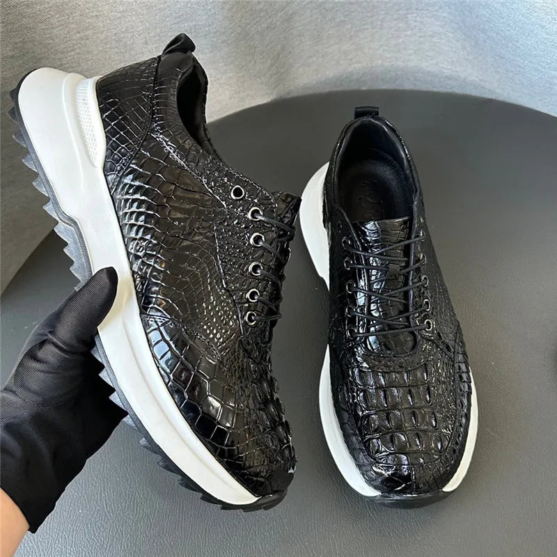 Authentic Real Crocodile Skin Classic Black White Men Soft Sneakers Genuine Exotic Alligator Leather Male Lace-up Walking Flats