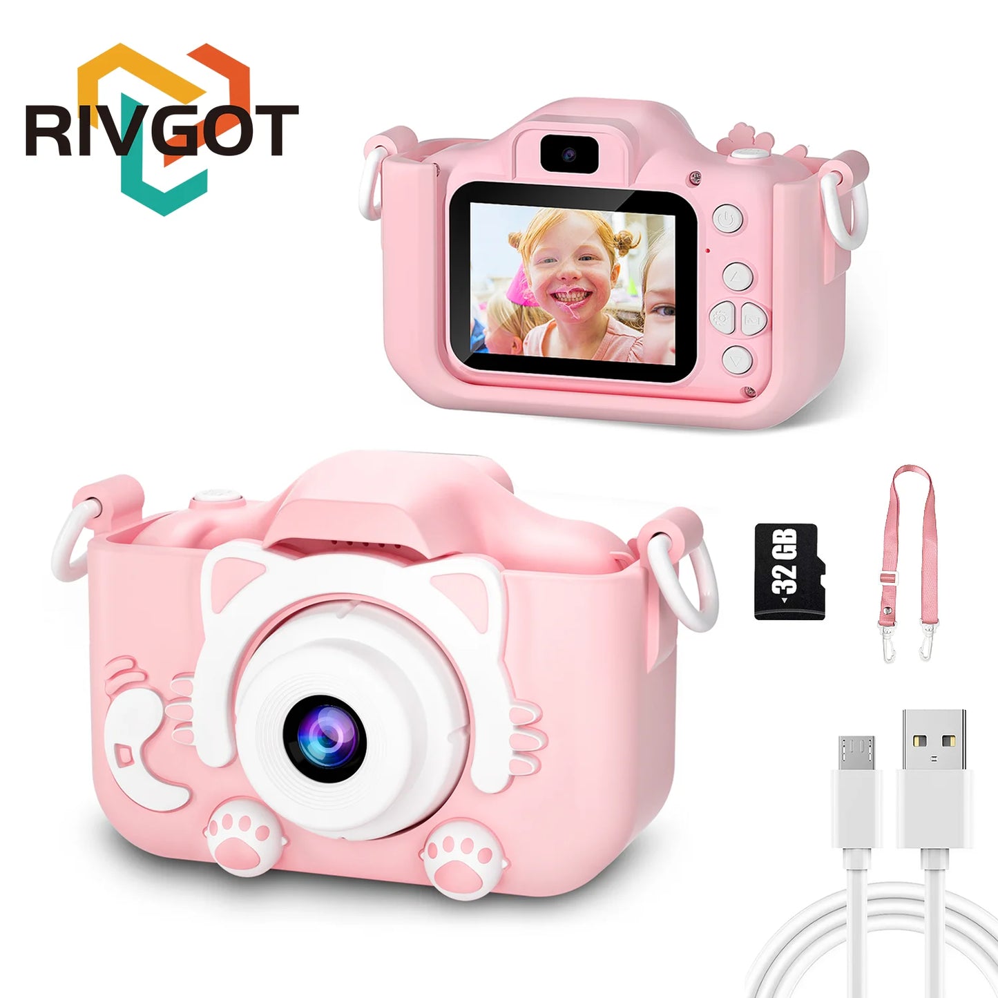 Kids Camera for Girls 1080P HD Toddlers Digital Video Record Camera for Birthday with 32GB SD Card 2 Inch IPS Screen Toy Cameras Pink With 32G Card