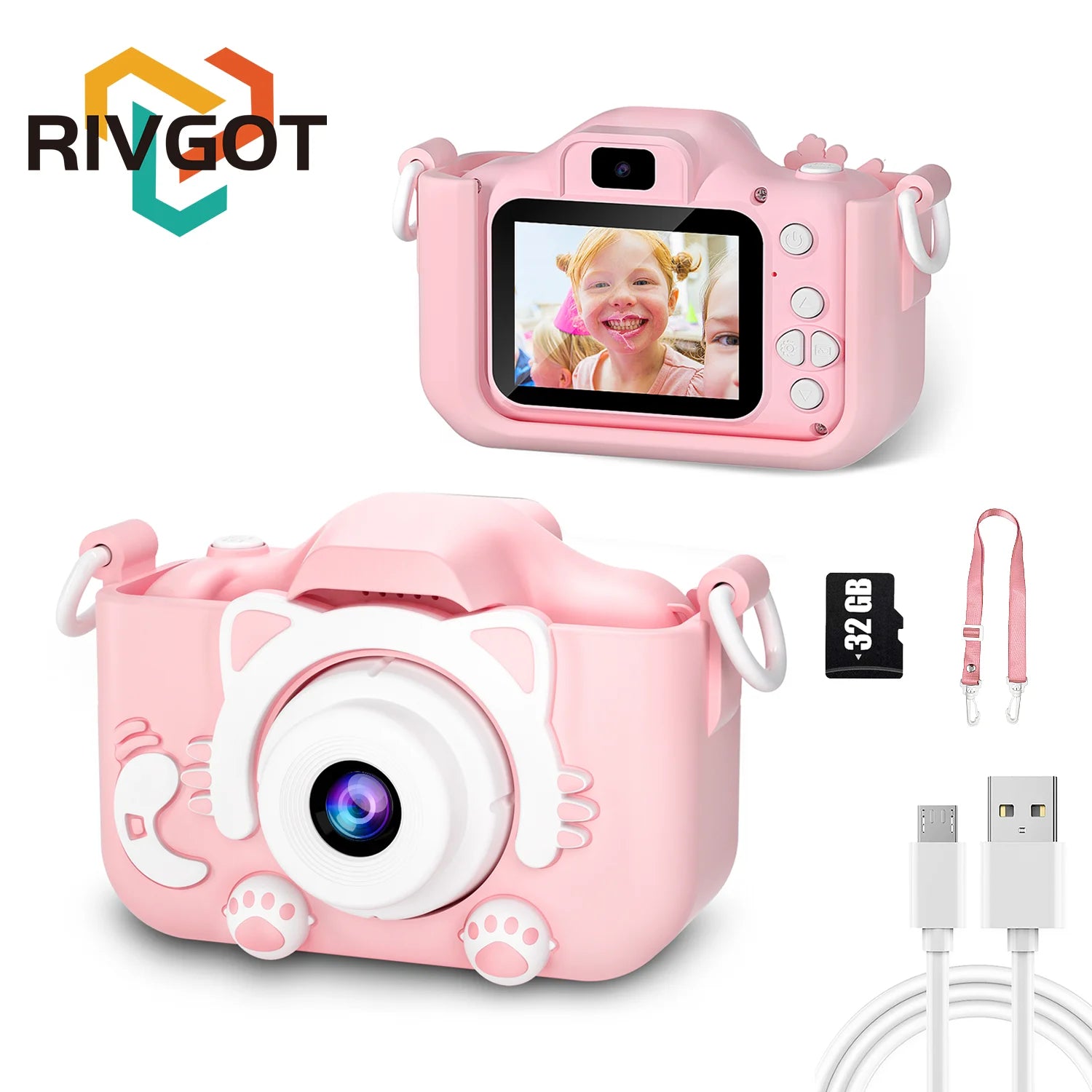 Kids Camera for Girls 1080P HD Toddlers Digital Video Record Camera for Birthday with 32GB SD Card 2 Inch IPS Screen Toy Cameras Pink With 32G Card