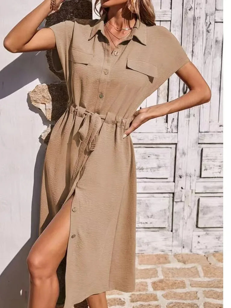 Summer Shirt Collar Waist Skirt Khaki