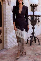 Autumn Long Sleeve Spliced Tassel Party Dresses Woman Elegant Deep V Neck Sheath Long Dress Fashion Deep V Neck Holiday Dress