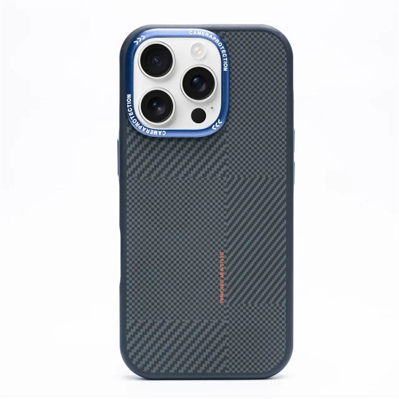 Matte Carbon Fiber Texture MagSafe Phone Case For iPhone 17 16 15 14 Pro Max 17Air Wireless Charging Alloy Lens Shockproof Cover Blue