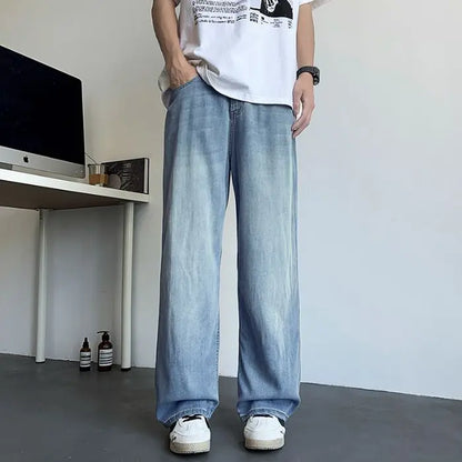 Men's Korean Streetwear Baggy Jeans — Wide Leg, Low Waist, Light Wash Vintage blue