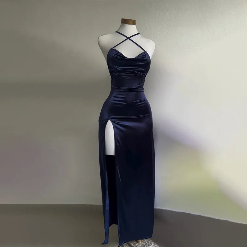 2025 European and American hot new dress summer high-end Y2K sexy suspender spicy girl dress long skirt darkblue