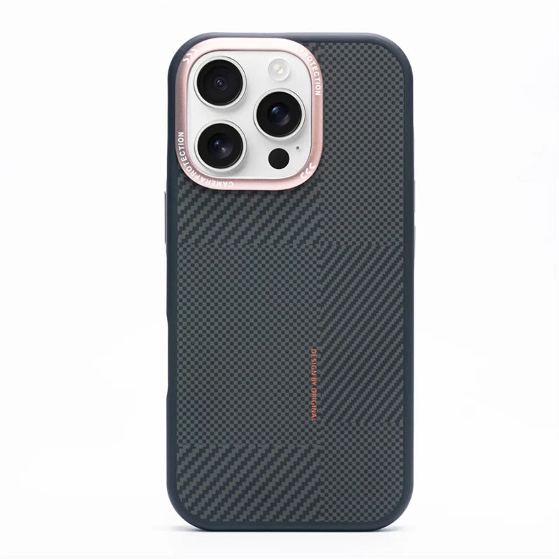 Matte Carbon Fiber Texture MagSafe Phone Case For iPhone 17 16 15 14 Pro Max 17Air Wireless Charging Alloy Lens Shockproof Cover Rose Gold