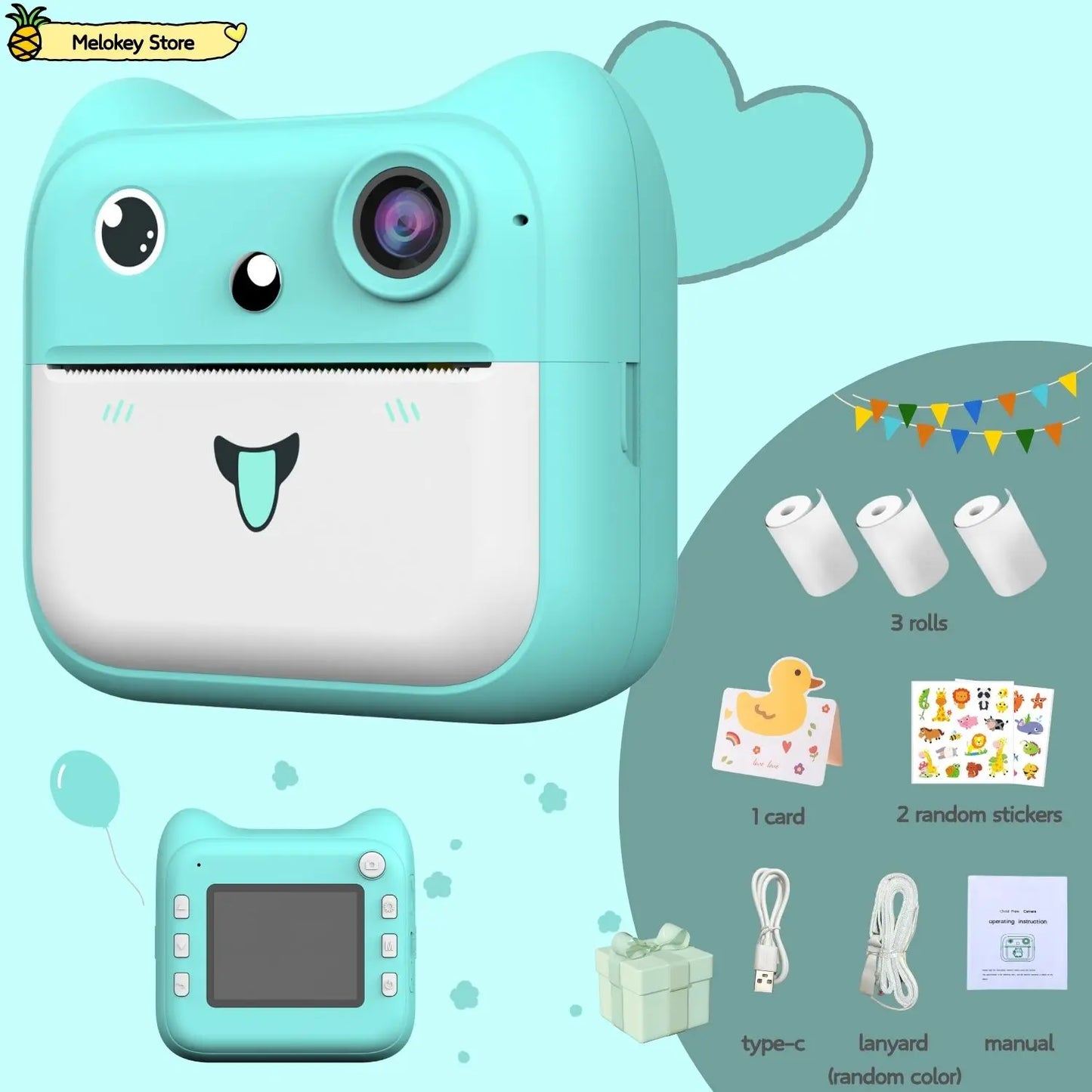 Kids Photo Camera Printer with Game Cute Pink Blue Mini Digital Video Child Instant Print Camera 4-12 Years Kids Girls Boys Gift Blue-Set2