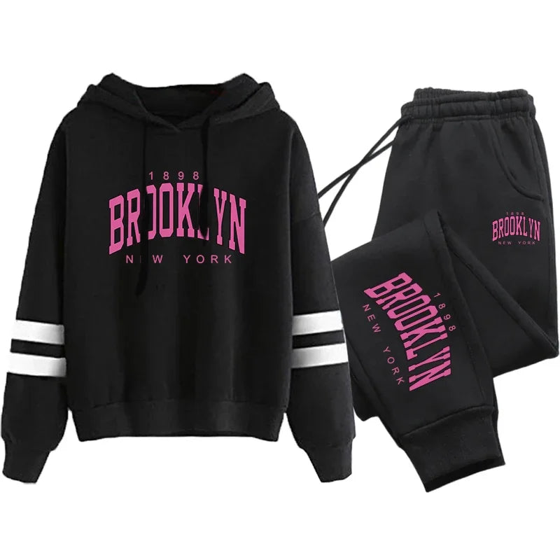 Quality Daily Women Tracksuit Hoodies Casual Single Piece Stripe Sweatshirt and Sweatpants Comfort Outdoor Jogging Autumn Winter Black