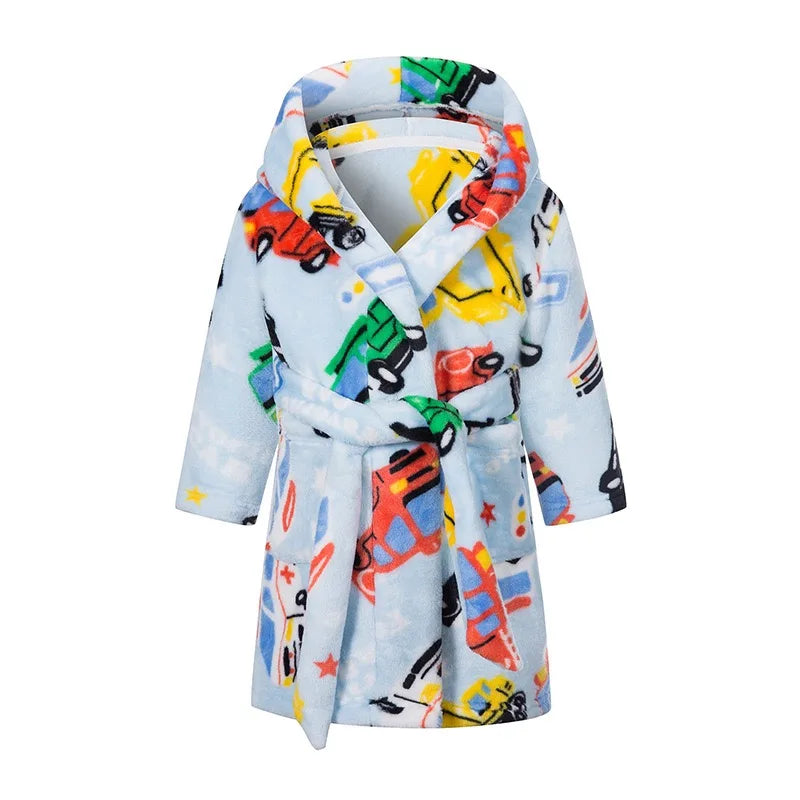 Kids Car Printed Flannel Bathrobe Baby Boy Cartoon Hooded Pajamas Children Soft Bath Robe Nightgown Teenager Toddler Clothing fire truck