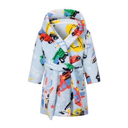 Kids Car Printed Flannel Bathrobe Baby Boy Cartoon Hooded Pajamas Children Soft Bath Robe Nightgown Teenager Toddler Clothing fire truck
