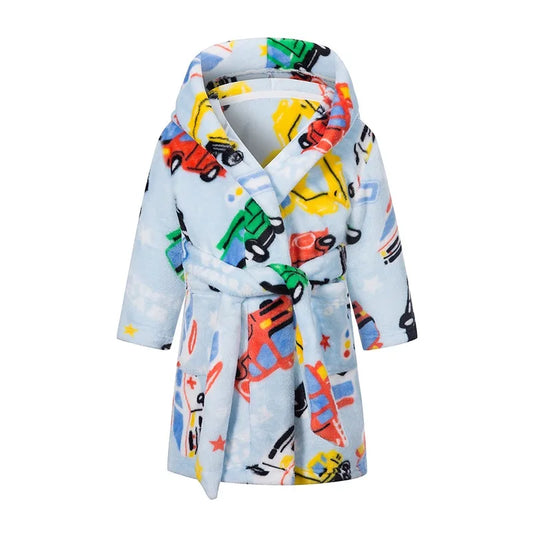 Kids Car Printed Flannel Bathrobe Baby Boy Cartoon Hooded Pajamas Children Soft Bath Robe Nightgown Teenager Toddler Clothing fire truck