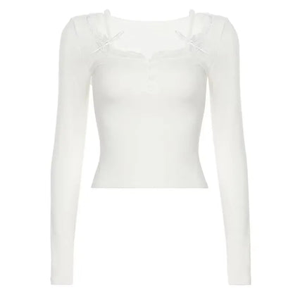 Pure desire sweet style bow hanging neck Korean V-neck lace top versatile slimming solid color long sleeved T-shirt
